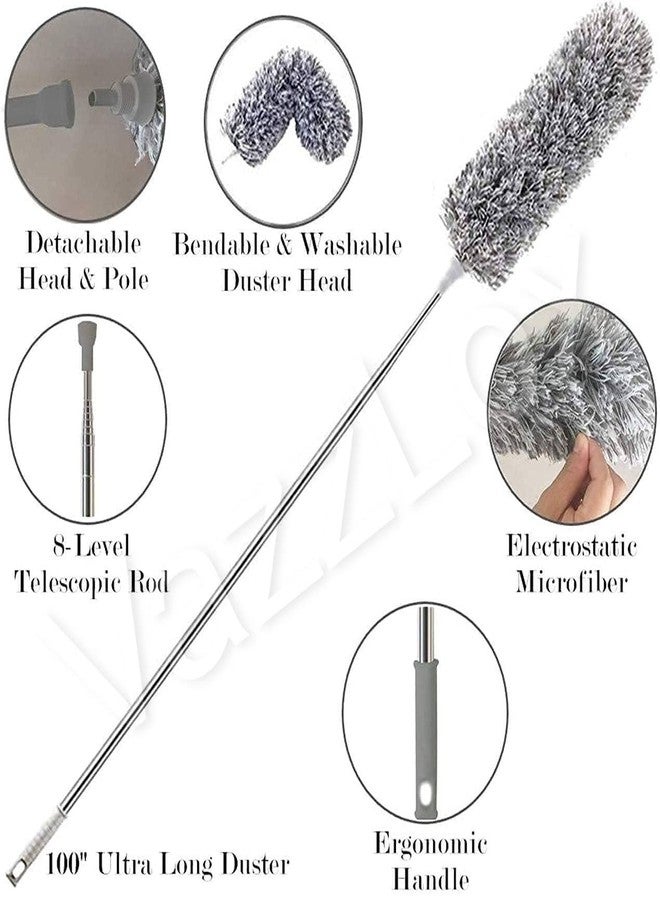 VazzLox منفضة غبار فازلوكس للتنظيف المنزلي مع عصا قابلة للتمديد بطول 100 بوصة، وريش من الألياف الدقيقة لتنظيف المنزل، وفرشاة غبار مرنة للتنظيف المنزلي، ومنظف غبار قابل للغسل للأسقف والمراوح والأثاث - Image 2